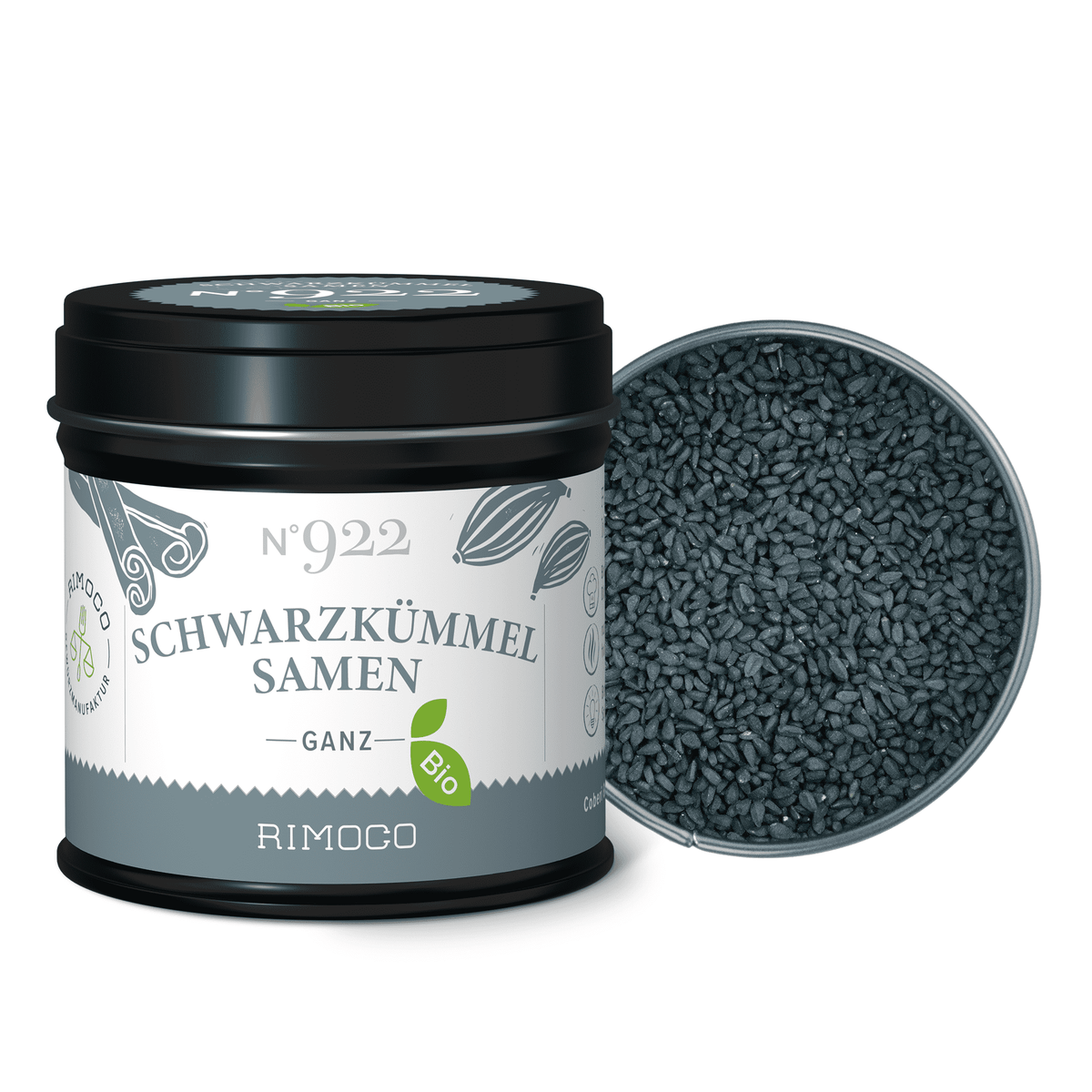 Bio Schwarzkümmelsamen, Dose mit geöffnetem Deckel.