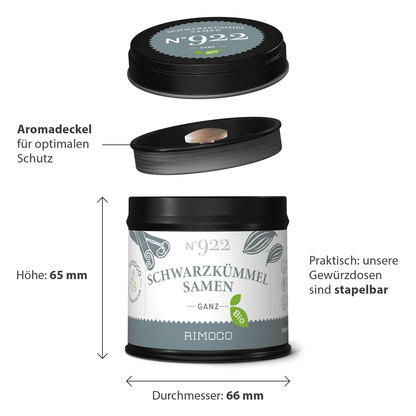 Runde schwarze Dose Bio Schwarzkümmelsamen, stapelbar, Name auf dem Deckel sichtbar.
