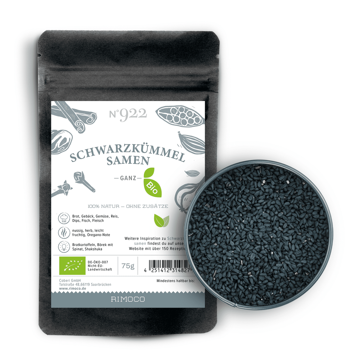 Beutel mit Aufschrift Bio Schwarzkümmelsamen neben einer Schale mit ganzen Samen.