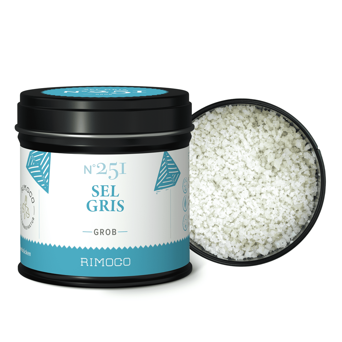 Sel Gris Dose in Schwarz und Blau, geöffnet, grobes graues Salz sichtbar.