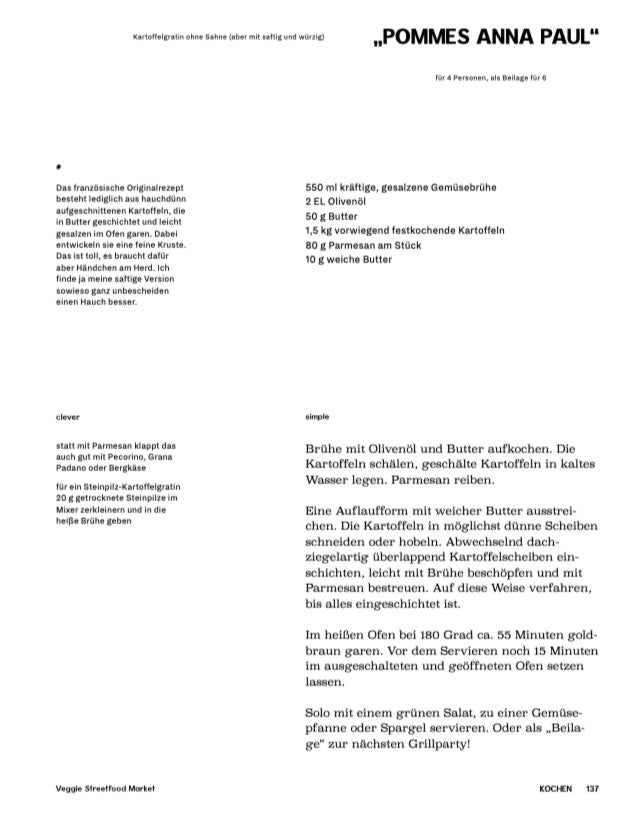 Kochbuchseite Pommes Anna Paul mit Zutaten und Gemüsekombinationen in schwarzer Schrift.
