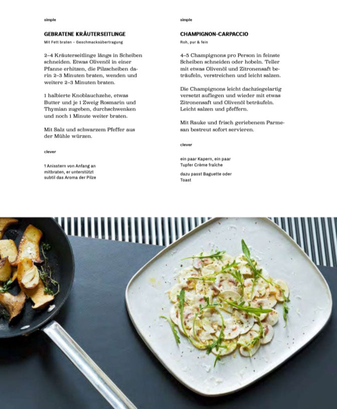 Zwei Teller mit gebratenen Pilzen und Pilz-Carpaccio aus dem Simple & Clever Kochbuch.