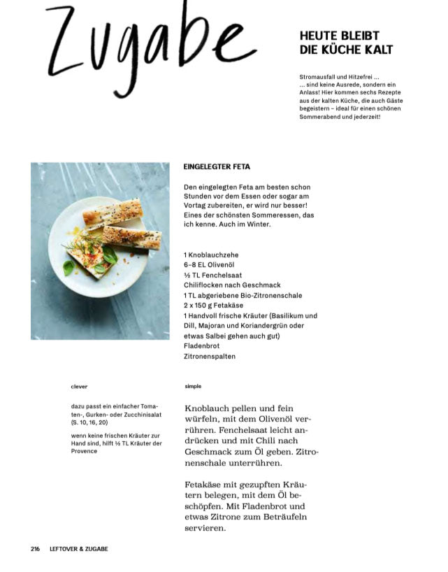 Seite aus Simple & Clever Kochbuch mit Rezepten für marinierten Feta, Text auf Deutsch.