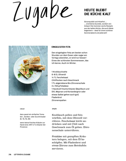 Feta-Rezept auf einer Seite eines deutschen Food-Magazins, Geschenkset Simple & Clever abgebildet.