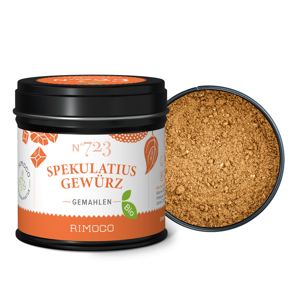 Eine offene Dose Bio-Spekulatiusgewürz zeigt die gemahlene Gewürzmischung