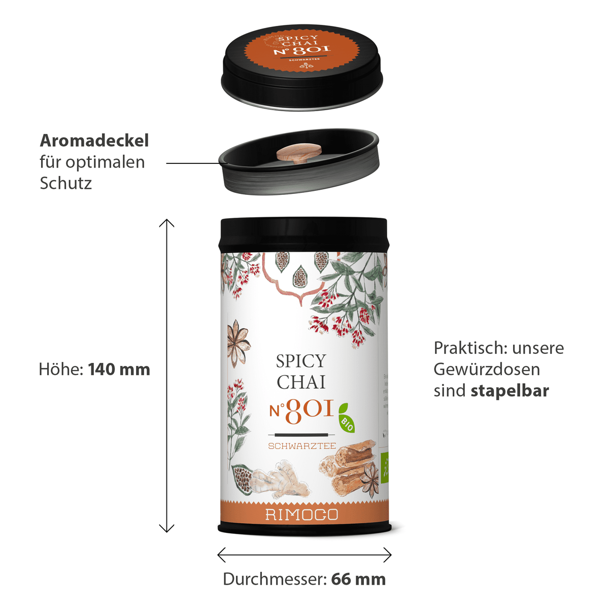 Bio Spicy Chai Tee Dose mit Aromadeckel und stapelbarem Design, komplett abgebildet.