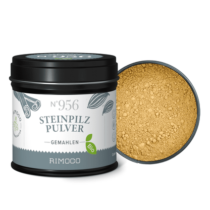 Geöffnete Dose mit feinem, hellbraunem Pulver von Bio Steinpilzpulver.