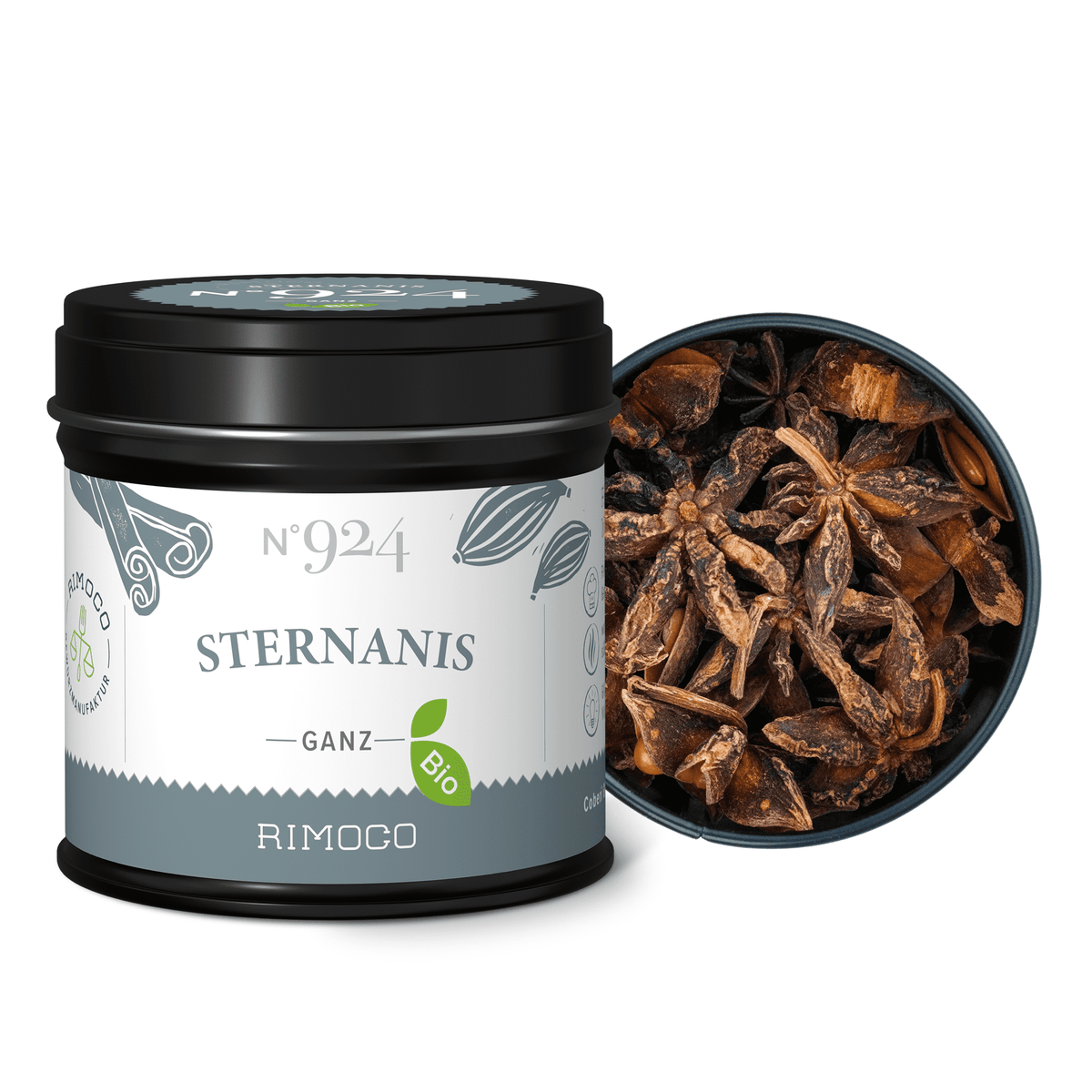 Bio Sternanis ganz Dose mit Abbildung ganzer Sternanisfrüchte und sichtbarem Sternanis im Inneren.