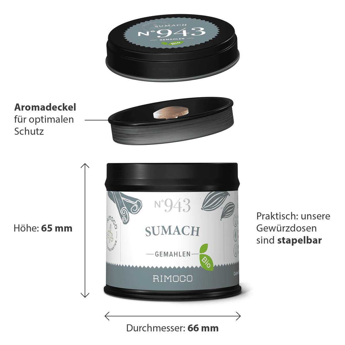 Bio Sumach gemahlen in Metall-Dose mit schwarzem Deckel, gesamte Verpackung sichtbar.