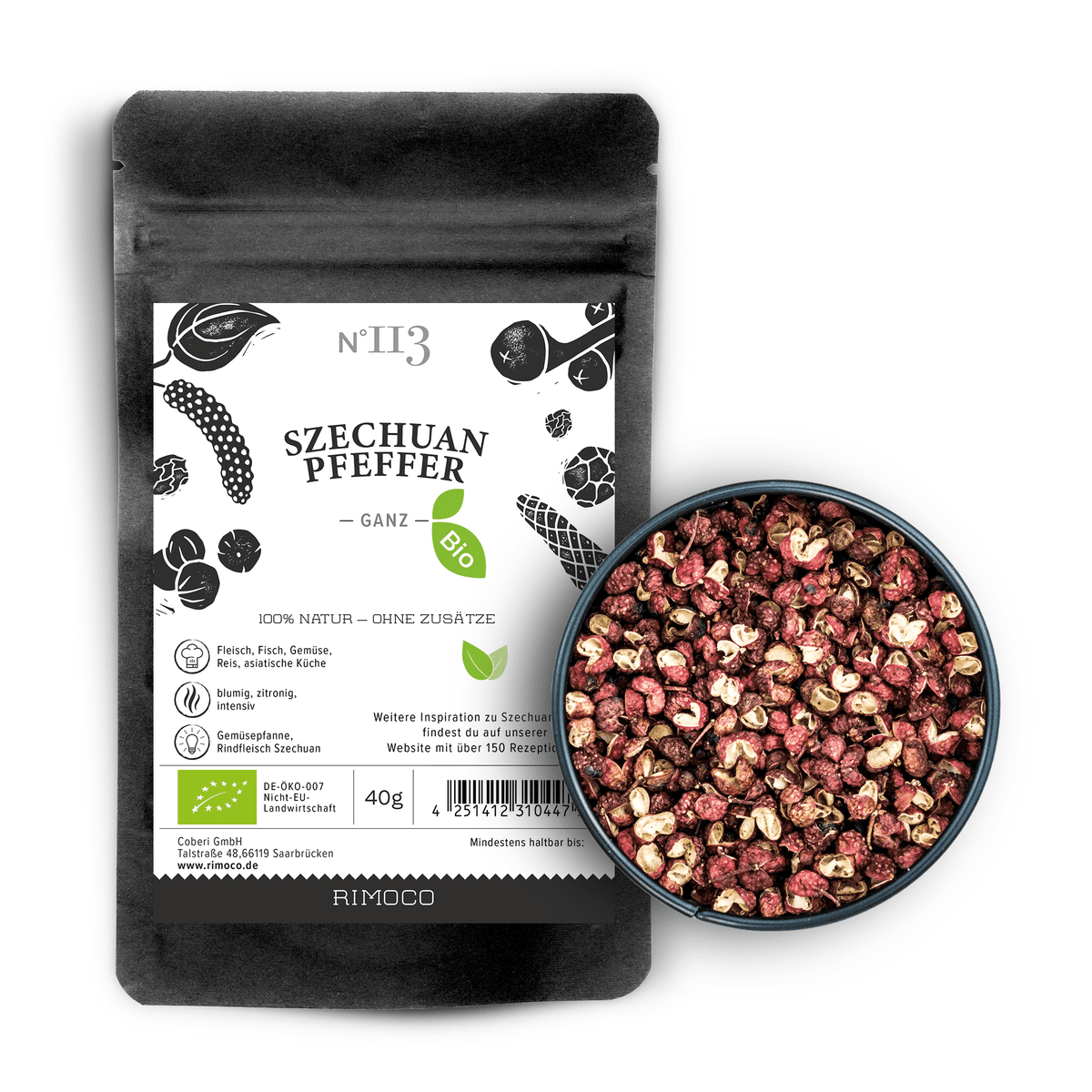 Schwarze Bio Szechuan Pfeffer Packung neben einer Schale.