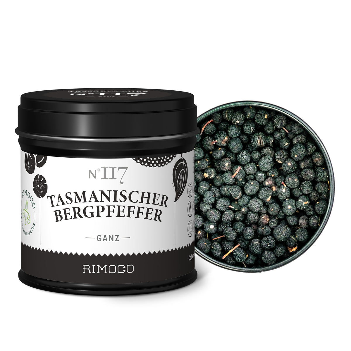 Offene Dose mit tasmanischem Bergpfeffer, darin sichtbare ganze Pfefferkörner.