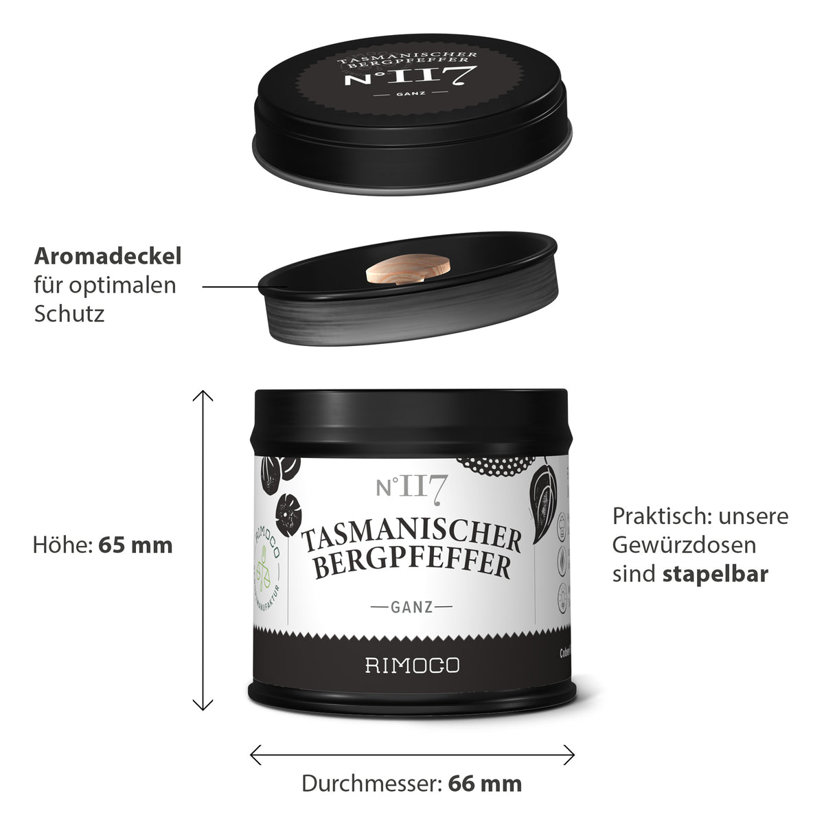 Tasmanischer Bergpfeffer in schwarz-weißer Dose.