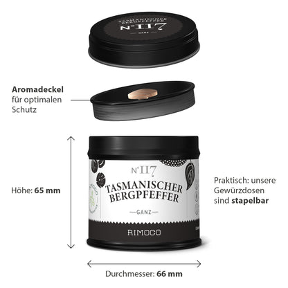 Tasmanischer Bergpfeffer in schwarz-weißer Dose.