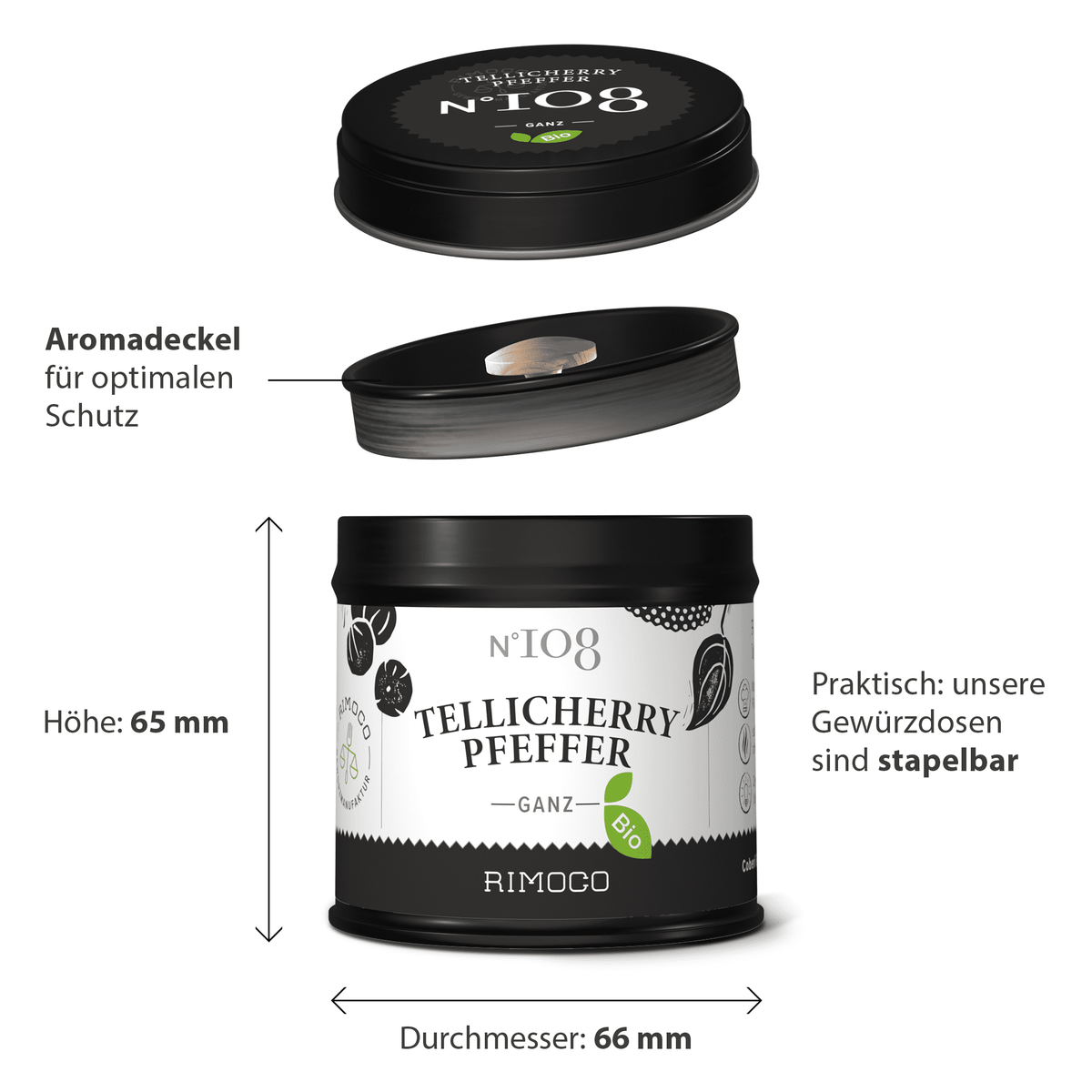 Schwarze Dose mit Aufschrift Bio Tellicherry Pfeffer, abnehmbarem Deckel und sichtbaren Maßen.