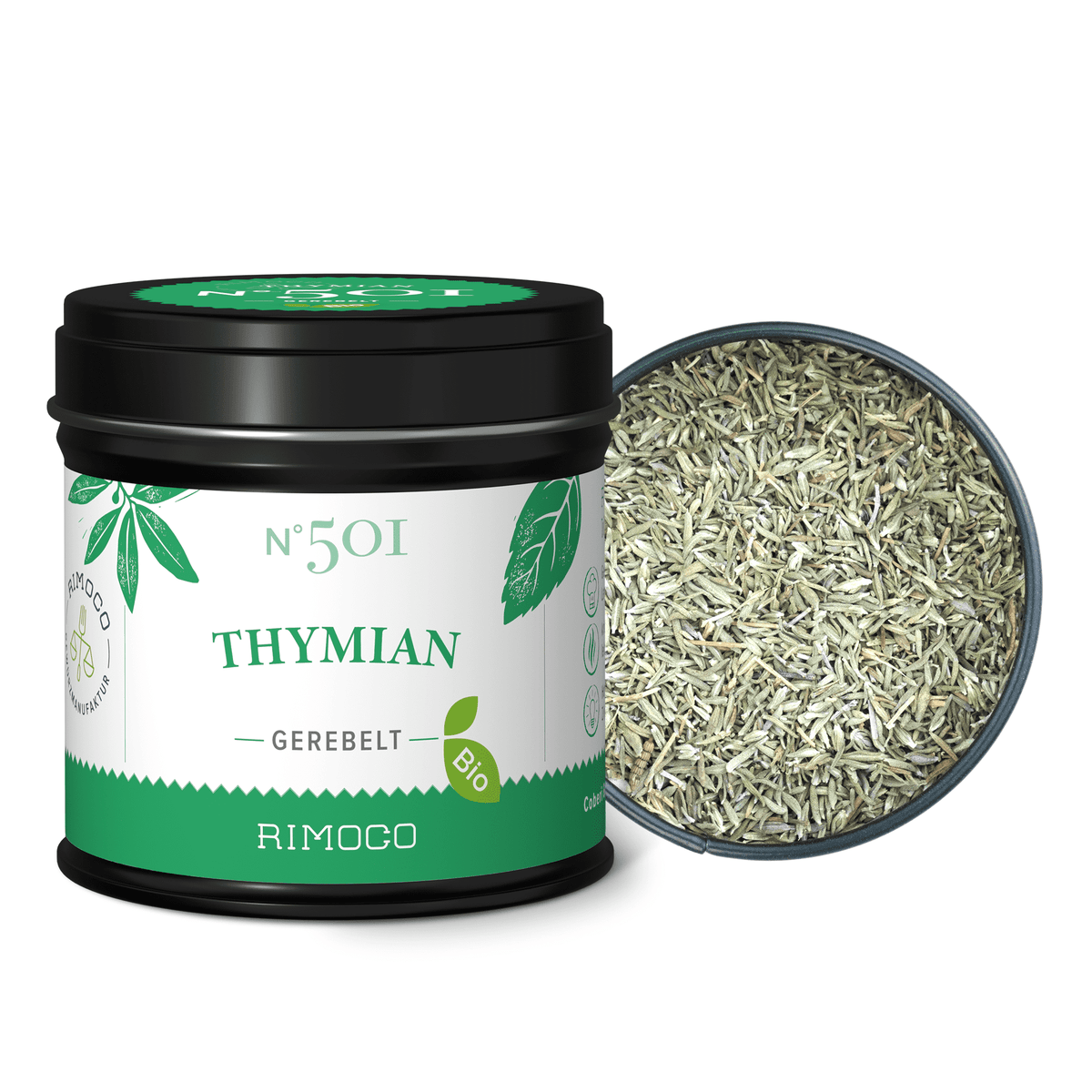 Bio Thymian gerebelt, offene Dosis mit sichtbarem getrocknetem Thymian.
