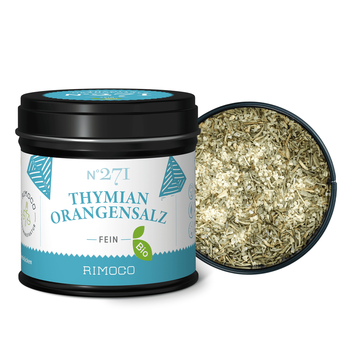 Geöffnete schwarze Dose Bio Thymian Orangensalz, darin grobes, getrocknetes Kräutersalz sichtbar.