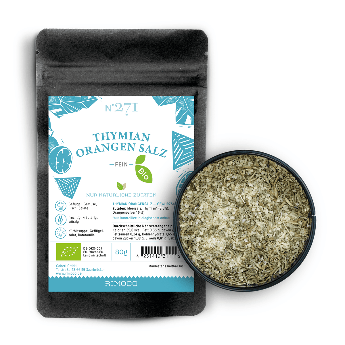 Bio Thymian Orangensalz im Beutel neben einer Schale Bio Meersalz mit mediterranen Kräutern.