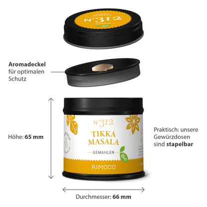 Stapeldose Bio Tikka Masala, darauf Maße in deutscher Sprache abgedruckt.