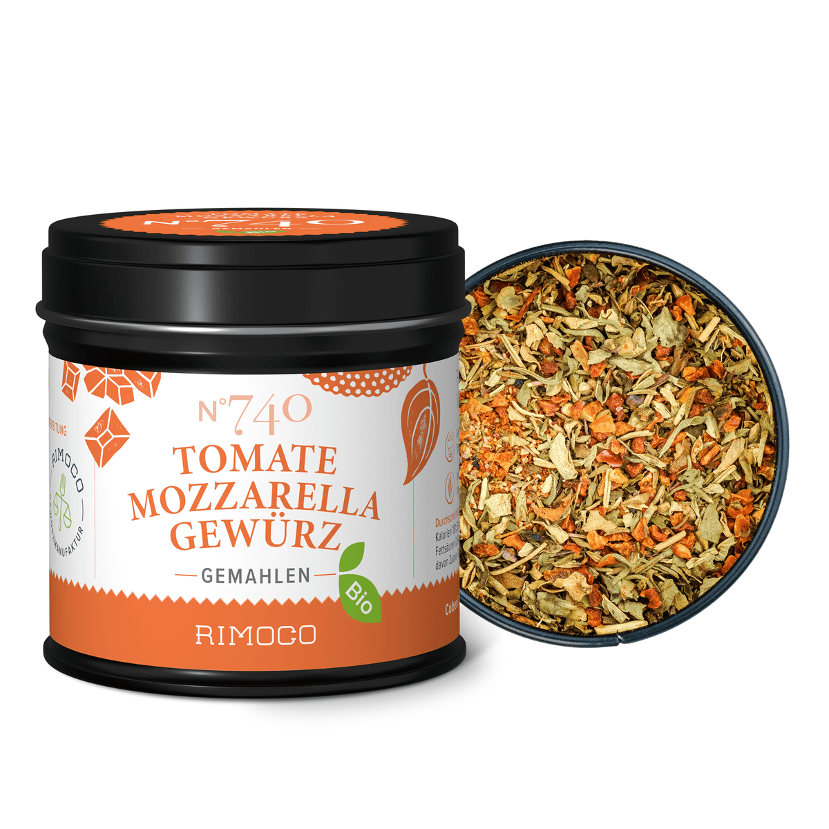 Offenes Glas mit Bio Tomate Mozzarella Gewürz, getrocknete Kräutermischung sichtbar.