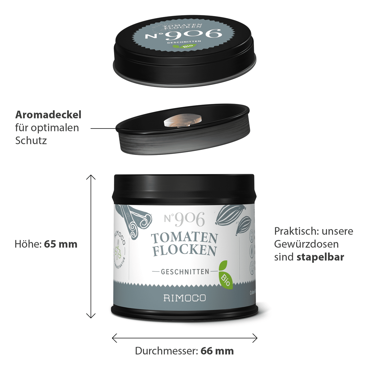 Dose Bio Tomatenflocken mit Aromadeckel, sichtbare Tomatenflocken in Flockenform.