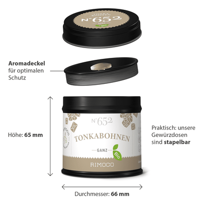Bio Tonkabohnen in Dose mit schwarzem Deckel. Die Dose ist stapelbar.