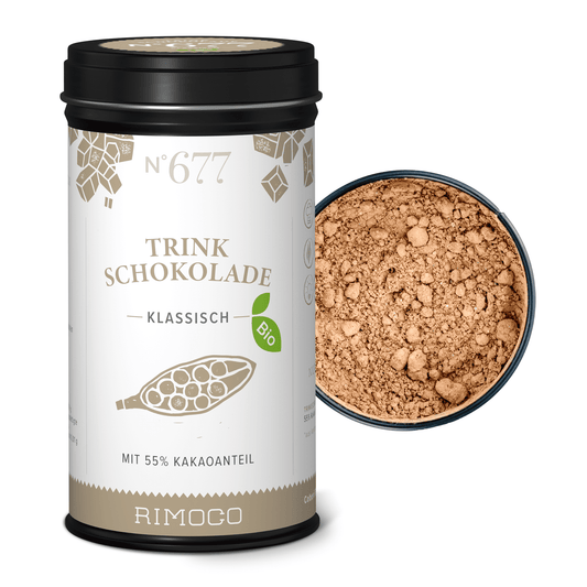 Geöffnete Dose mit Bio Trinkschokolade klassisch, innen sichtbares feines Schokoladenpulver.