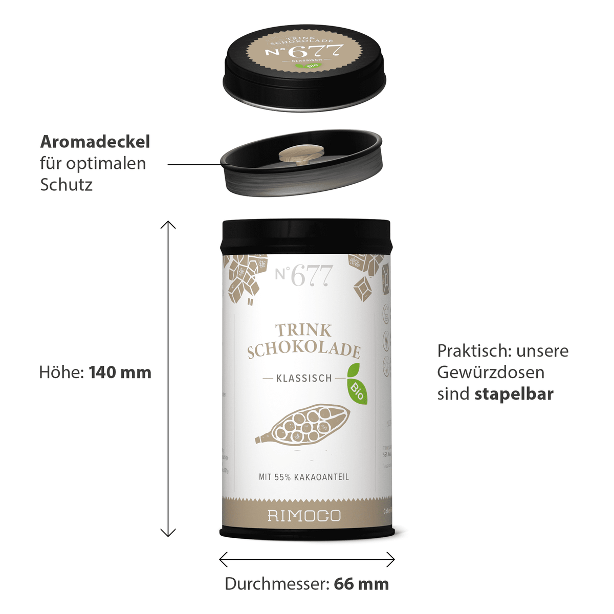 Bio Trinkschokolade klassisch in zylindrischer Dose mit Deckel und deutschem Etikett.