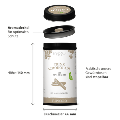 Bio Trinkschokolade mit Ceylon Zimt in Dose mit schwarzem Aromadeckel, Gesamtprodukt sichtbar.