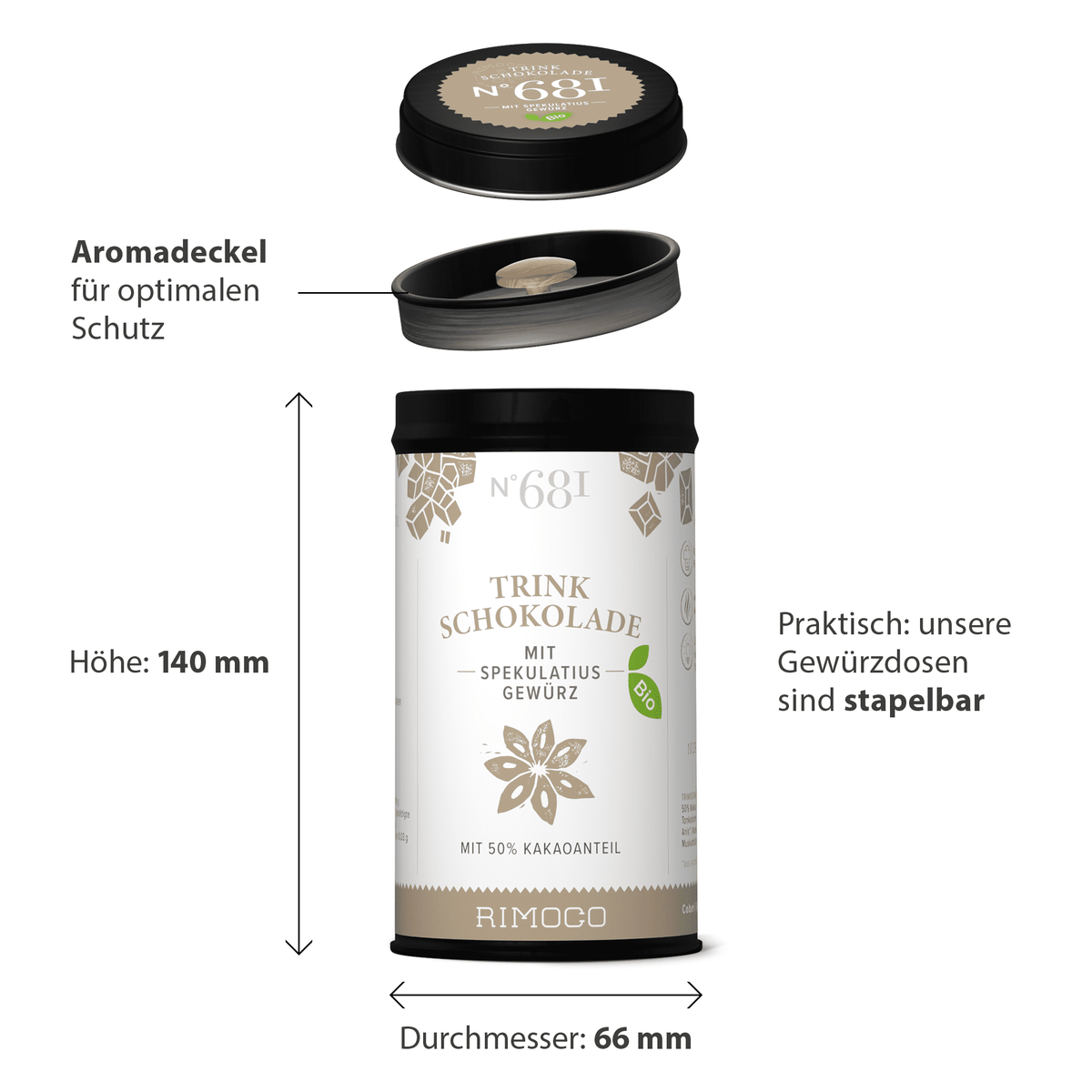 Bio Trinkschokolade mit Spekulatiusgewürz in stapelbarer Dosis mit Aromadeckel.