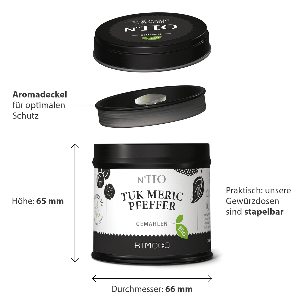 Schwarze, runde Bio Tuk Meric Pfefferdose mit stapelbarem Deckel und Kampot Pfeffer Gewürzmischung.