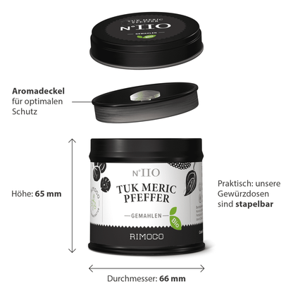Schwarze, runde Bio Tuk Meric Pfefferdose mit stapelbarem Deckel und Kampot Pfeffer Gewürzmischung.
