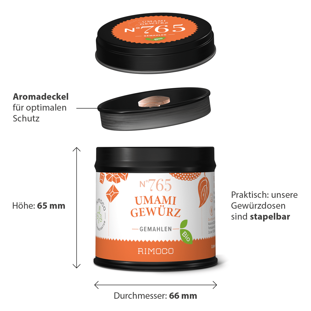 Runde Gewürzdose mit schwarzem Deckel und orangem Etikett, Bio Umami Gewürz für pflanzliche Küche.