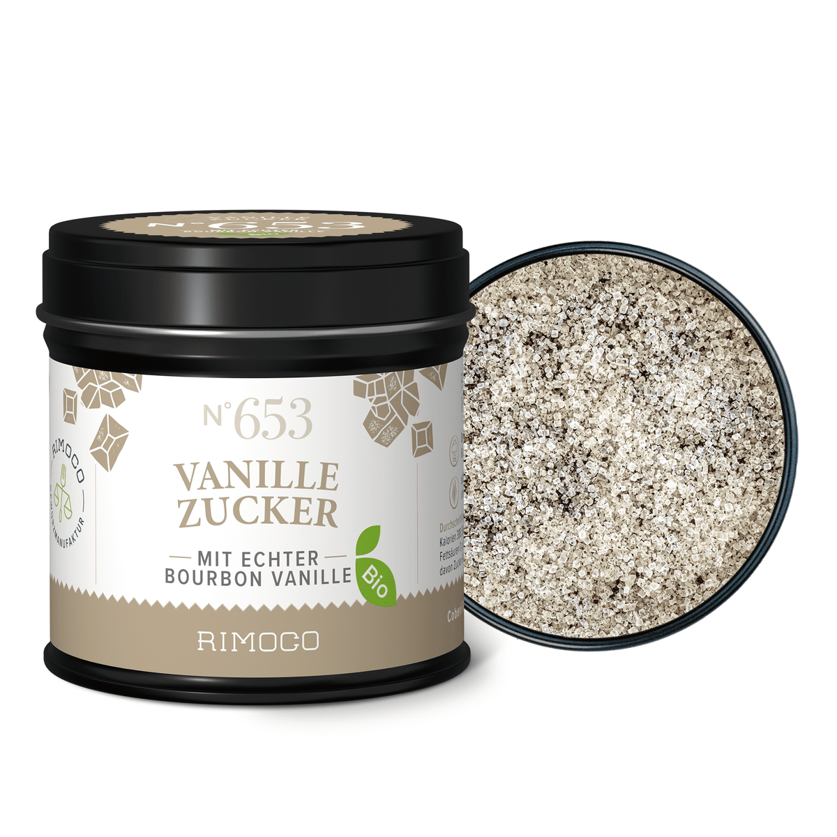 Offene Dosis mit Bio Vanillezucker, darin Zuckermischung mit sichtbaren Vanillestücken.