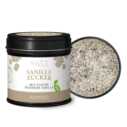 Offene Dosis mit Bio Vanillezucker, darin Zuckermischung mit sichtbaren Vanillestücken.