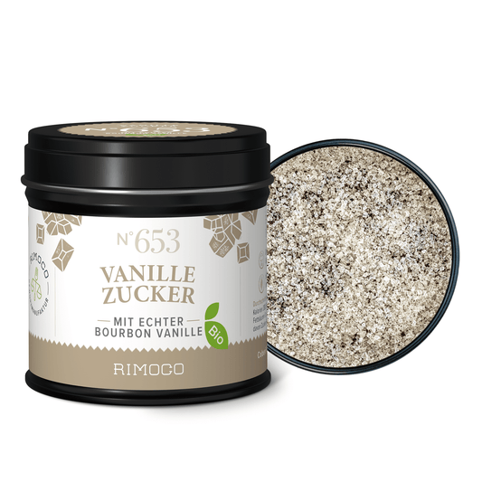 Offene Dosis mit Bio Vanillezucker, darin Zuckermischung mit sichtbaren Vanillestücken.