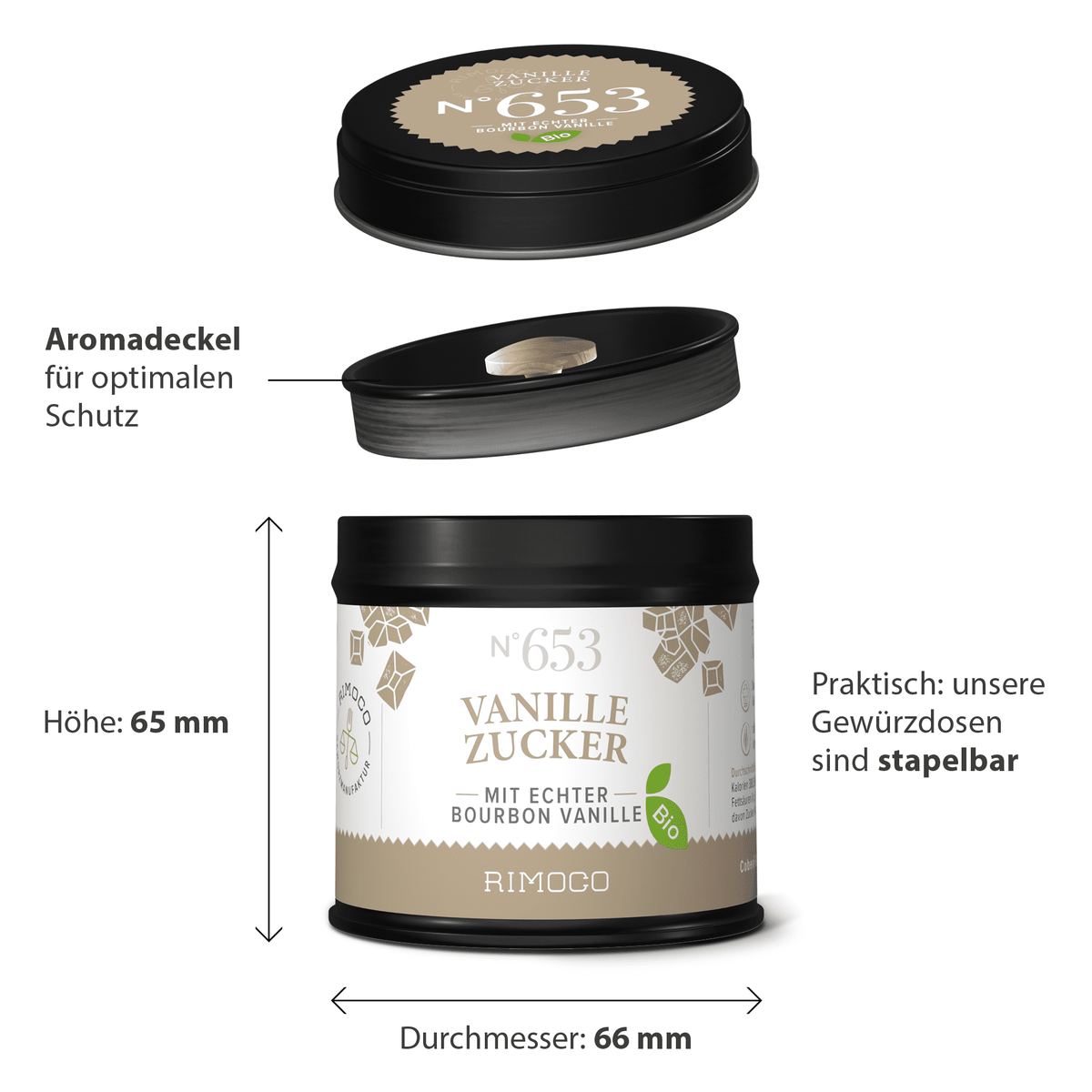 Runde Dose Bio Vanillezucker mit schwarzem Deckel, deutsche Beschriftung, aus Madagaskar.