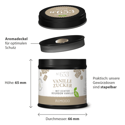 Runde Dose Bio Vanillezucker mit schwarzem Deckel, deutsche Beschriftung, aus Madagaskar.