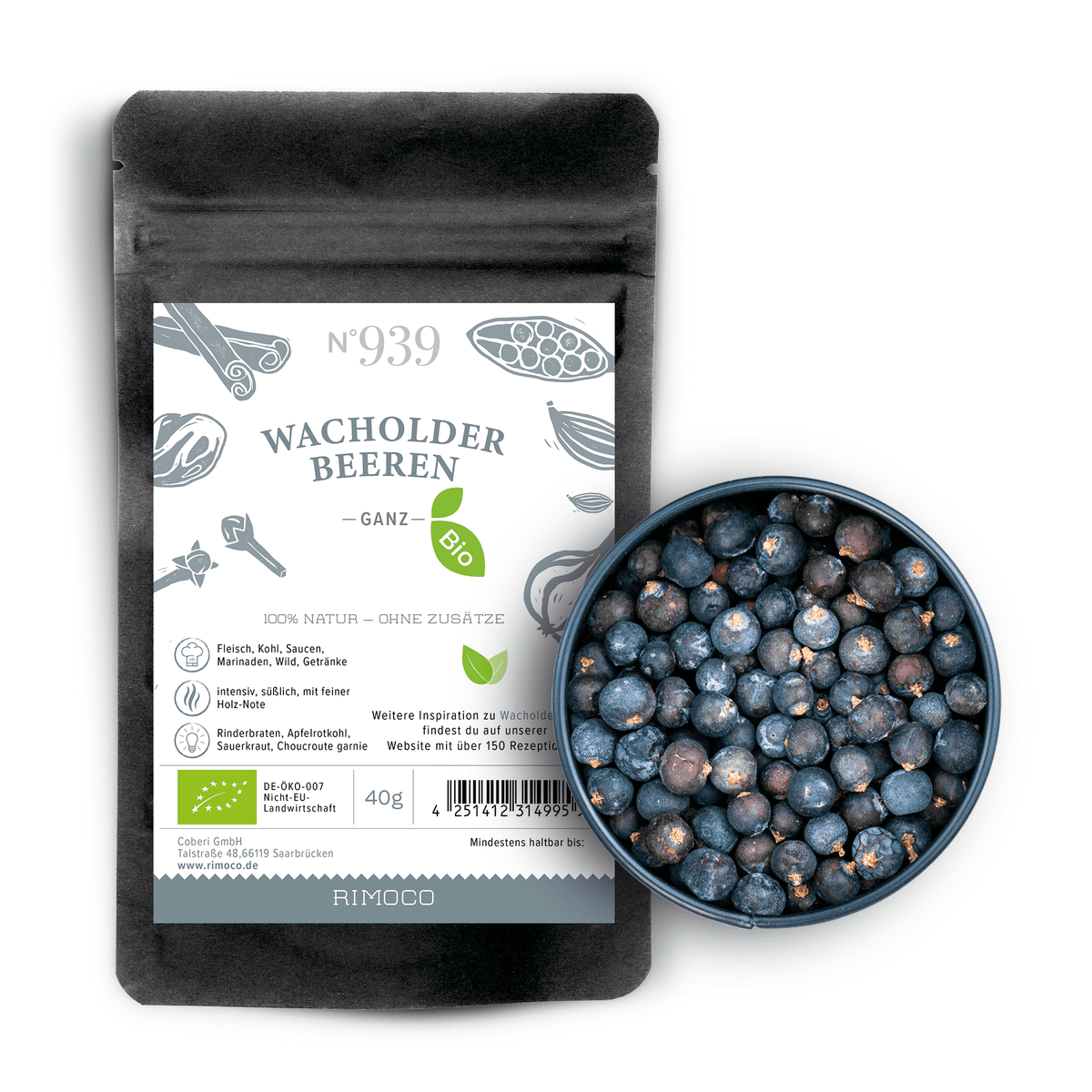 Bio Wacholderbeeren Beutel neben einer Schale mit Beeren für Wild-Sauerkraut.