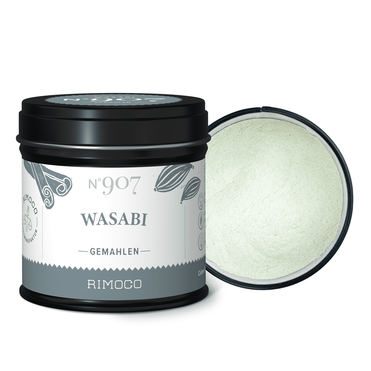 Eine schwarze Dose mit der Aufschrift "Wasabi"