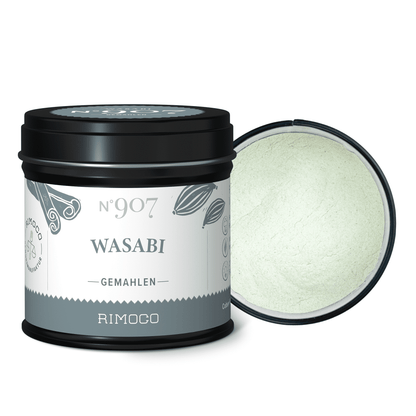 Eine schwarze Dose mit der Aufschrift "Wasabi"