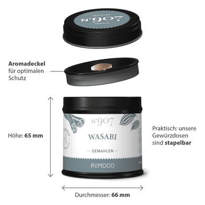 Die Wasabi-Dose ist schwarz-silbern, 65 mm hoch, 66 mm im Durchmesser, mit aromaversiegelndem Deckel und stapelbar. 