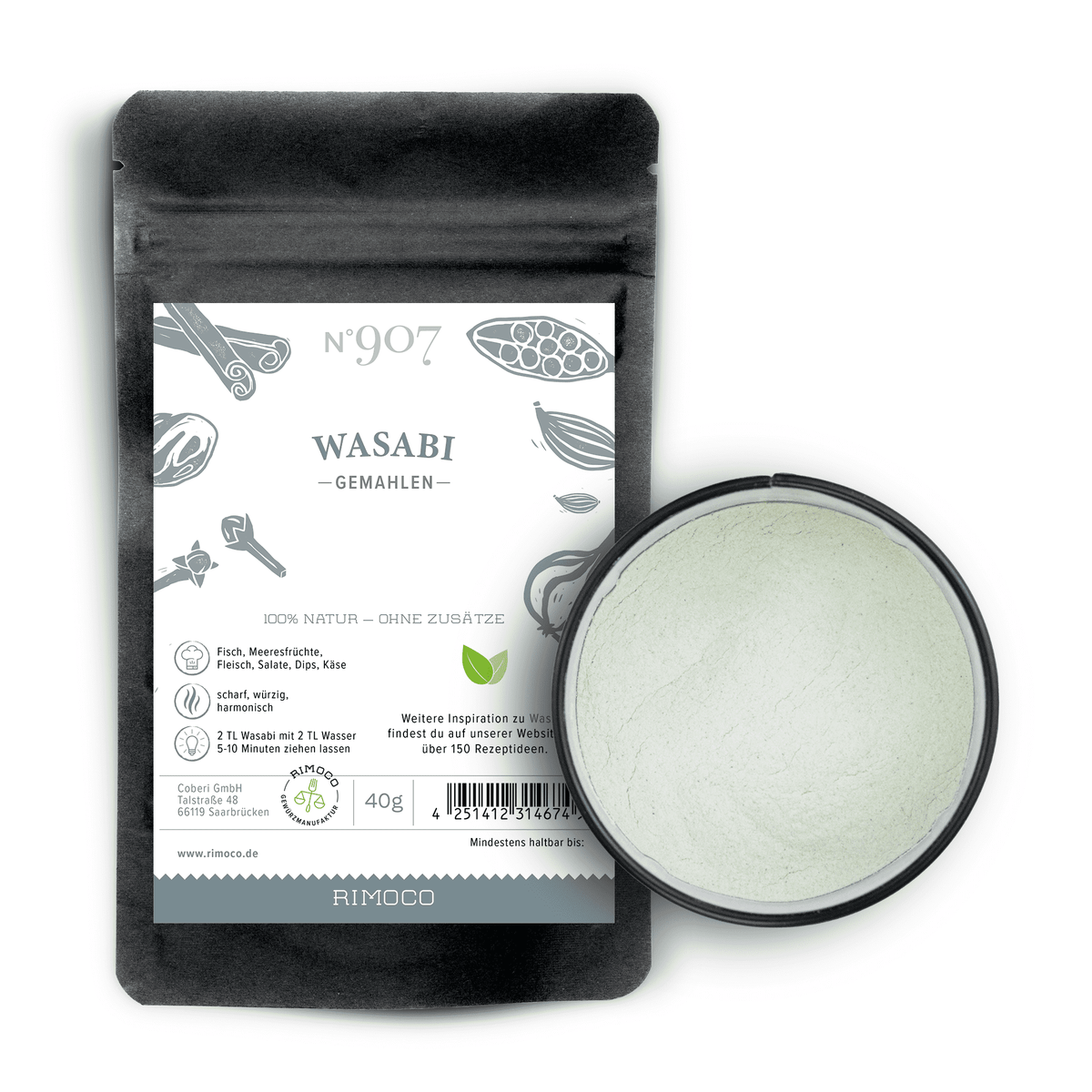 Ein schwarzer Nachfüllbeutel mit der Aufschrift Wasabi und ein kleiner runder Behälter mit hellgrünem Wasabi-Pulver 