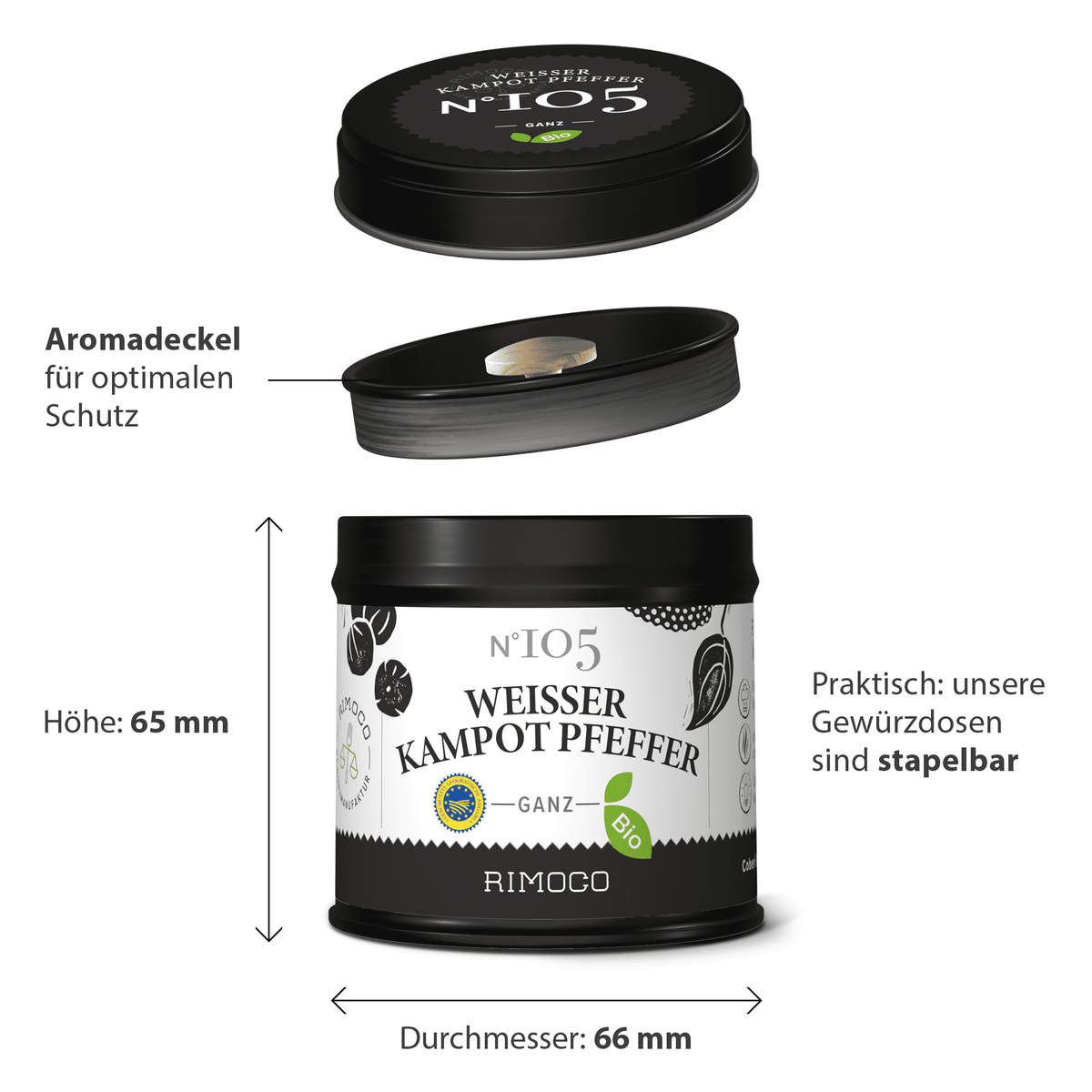 Schwarze Dose mit weißem Etikett und der Aufschrift Bio Weißer Kampot Pfeffer, von oben und vorne gezeigt.