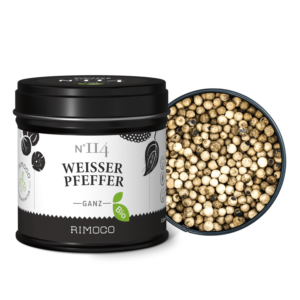 Dose Bio Weißer Pfeffer neben geöffneter Dose mit ganzen weißen Pfefferkörnern.