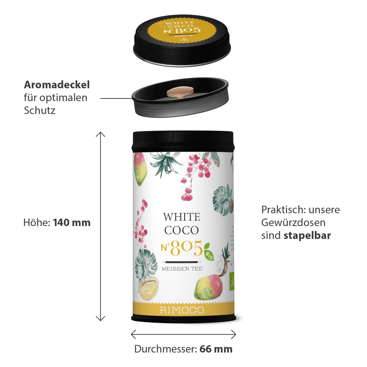 Zylindrige Dose mit Aufschrift Bio Weisser Tee White Coco, Blumenmuster und Pai Mu Tan Tee.