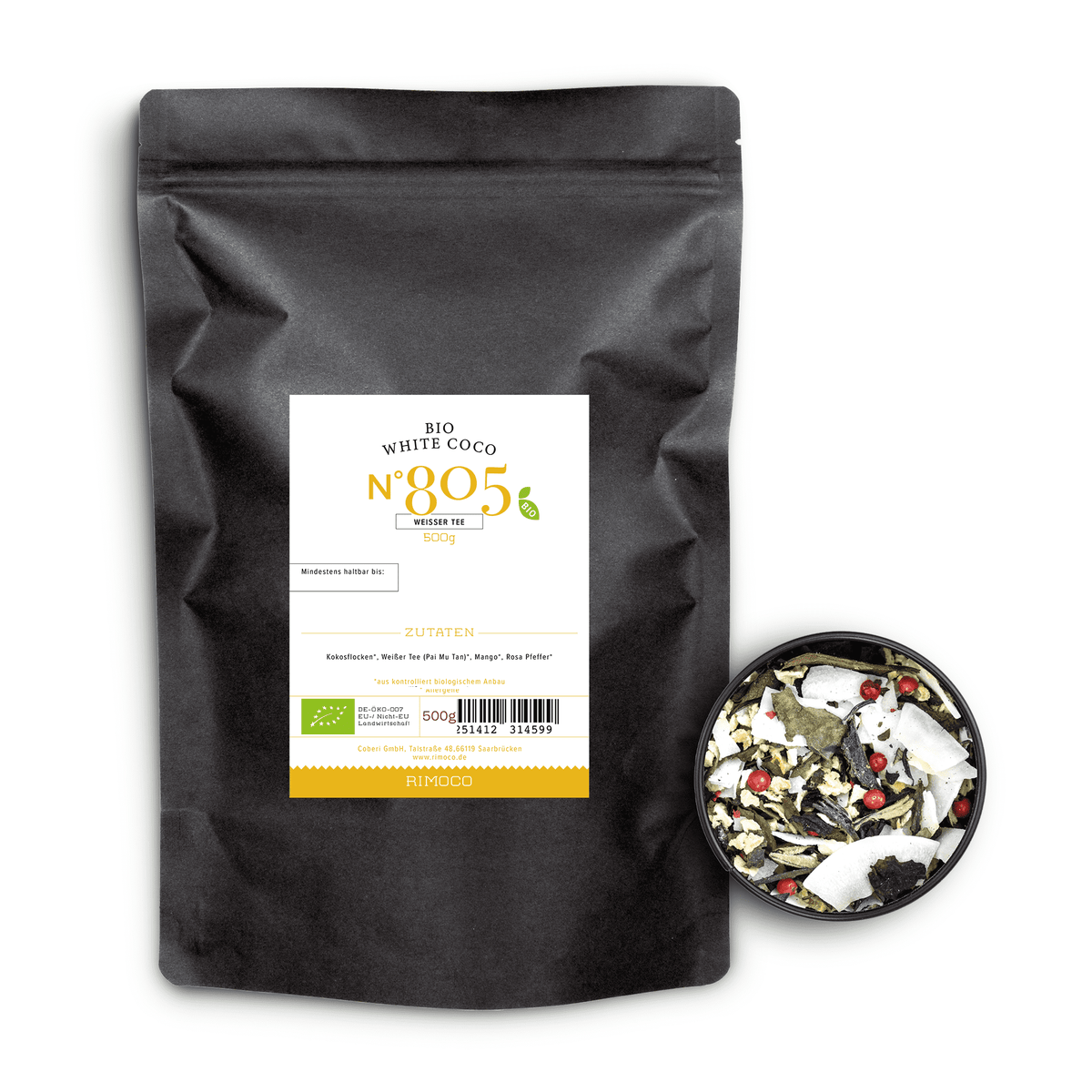 Pai Mu Tan-Teeblätter, Kokosraspeln und Kräuter in einer Schale, daneben White Coco-Beutel.