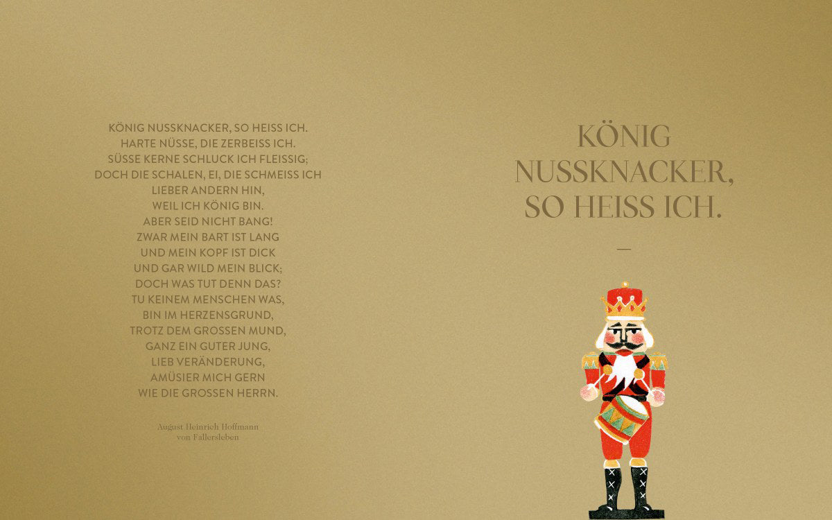 Goldener Hintergrund mit Nussknacker, Schriftzug Wundervolle Weihnachtsbäckerei auf Deutsch.