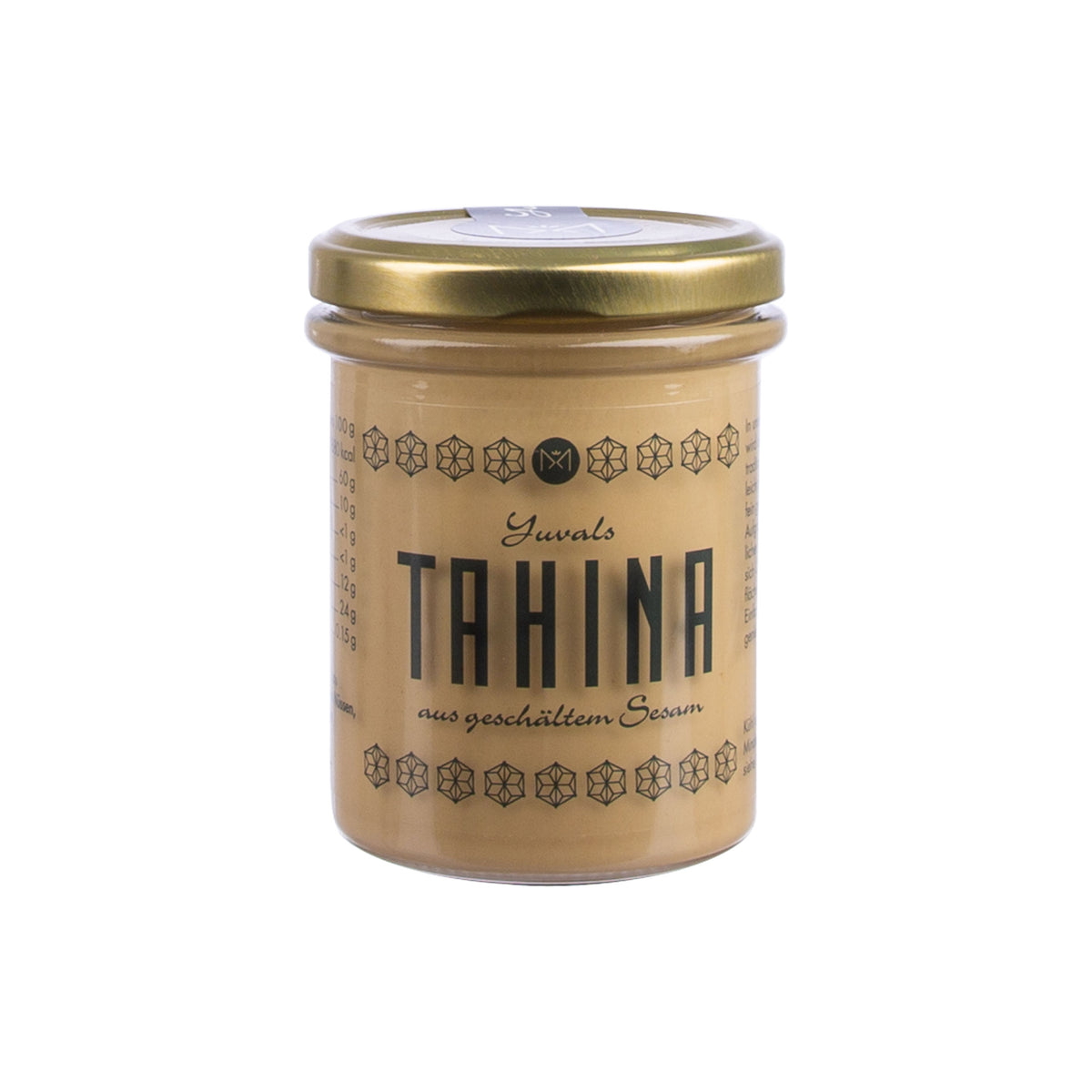 Yuvals Tahina pur klein, Glas mit goldenem Deckel und schwarzer Schrift auf dem Etikett.