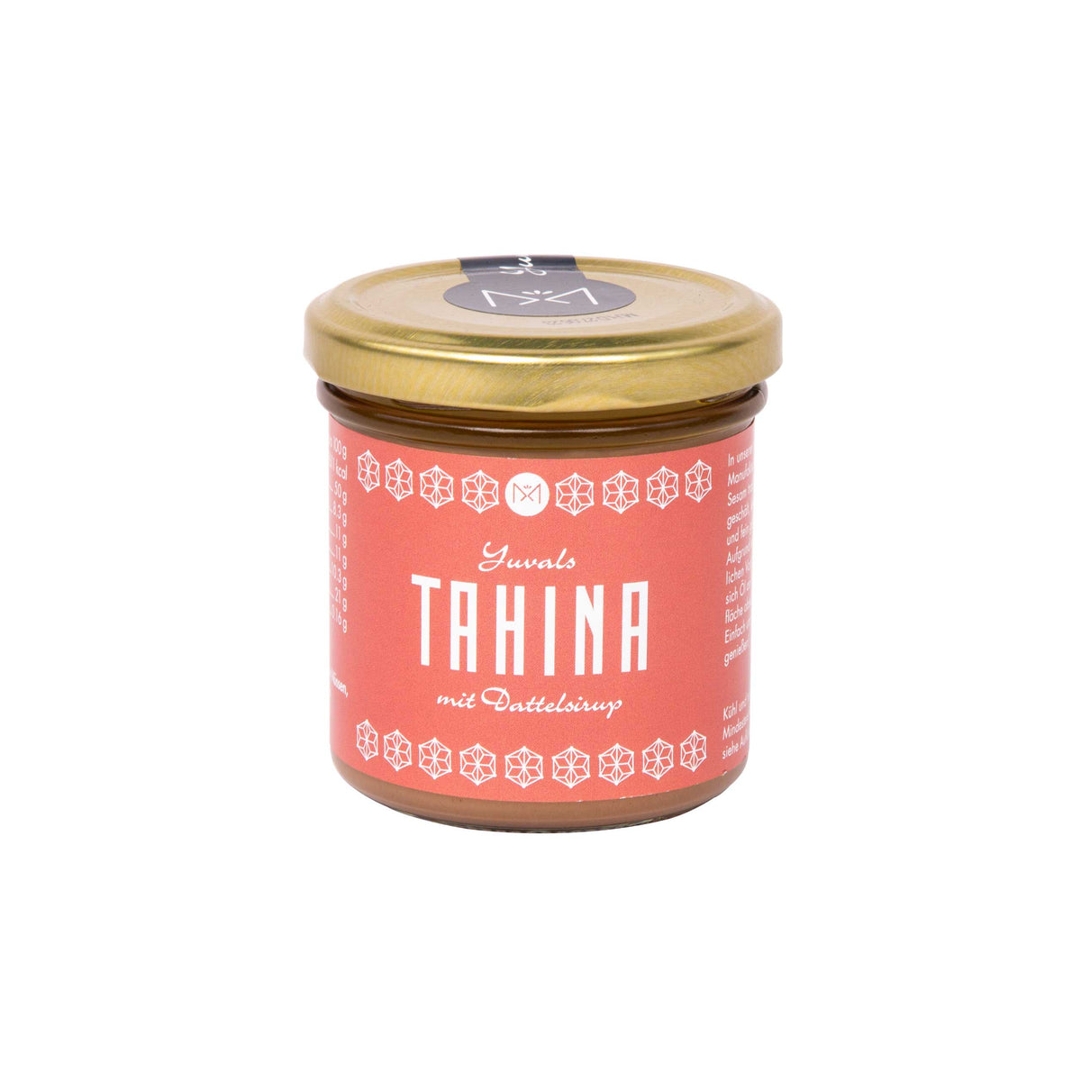 Yuvals Tahina mit Dattelsirup im Glas, mit Sesam und Nüssen, goldenem Deckel und rotem Etikett.