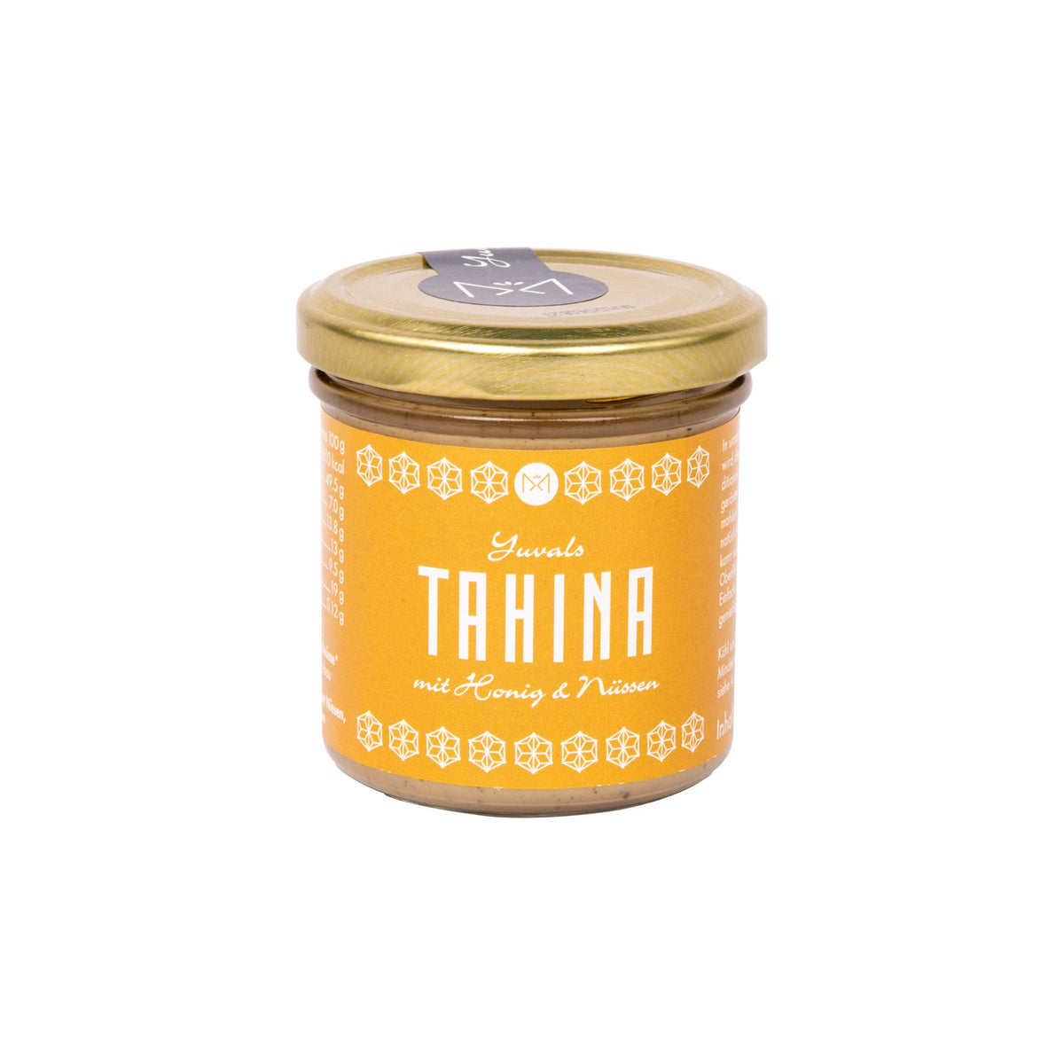 Yuvals Tahina Honig-Nuss im Glas mit gelbem Etikett und goldfarbenem Deckel.